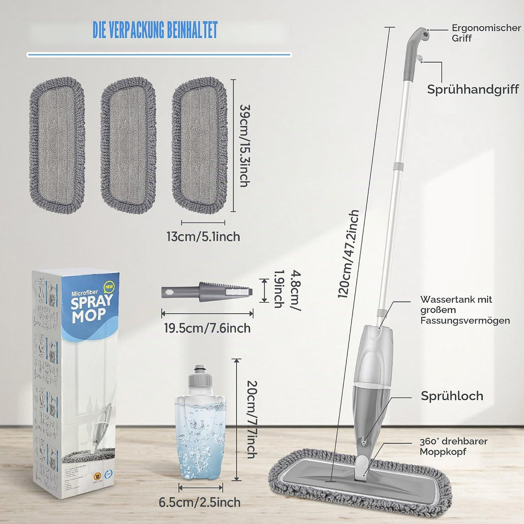 Wischmopp mit Sprühfunktion – EXEGO Bodenwischer mit Sprühmopp Spray Mop Floor Mop mit 3X Wischpads