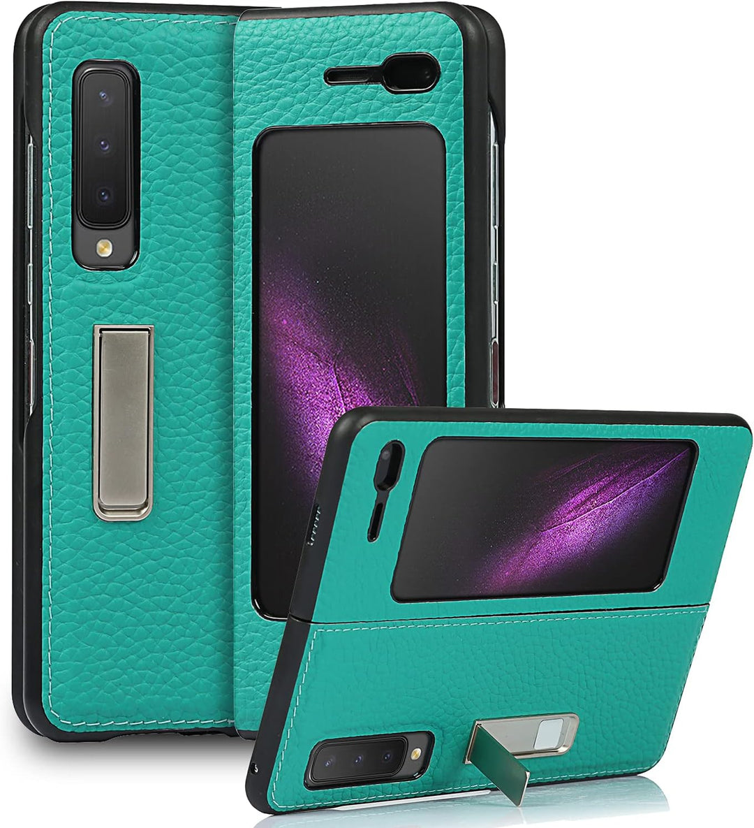 Handyhülle für Samsung Galaxy Fold, Ultradünn Luxus Litchi Korn Echtes Leder Hüllen mit Standfunktio