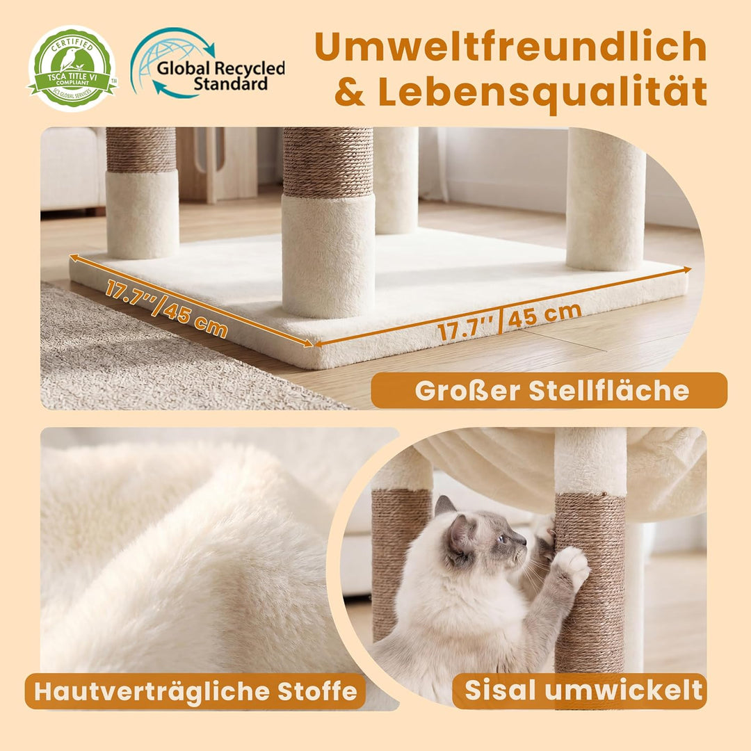 Heybly kratzbaum gross 142 cm mit Leichtem Aufstieg, Beige HCT028MJ | 2 Ruheplattformen, Katzenhöhle