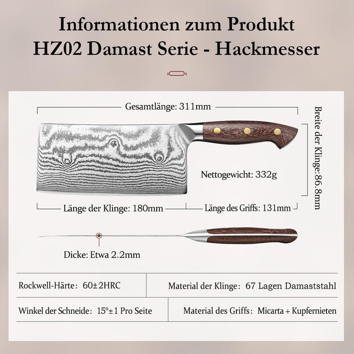 HEZHEN 18cm Hackmesser, Profi Chinesisches Kochmesser, Damaszenerstahl Scharf Küchenmesser, Gemüse F
