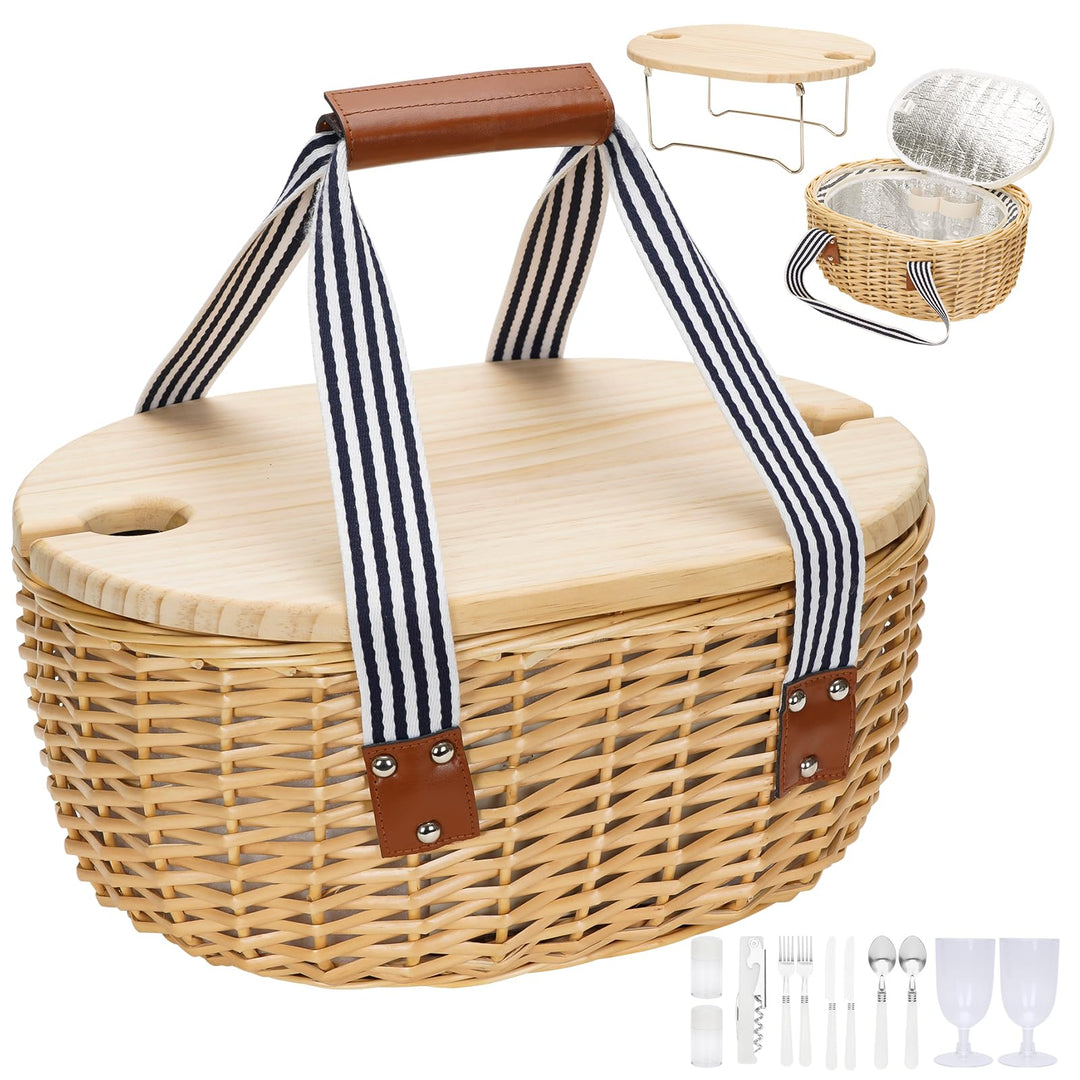 Picknickkorb für 4 - Weiden-Picknick-Set mit Weintisch | Weidenkorb-Set mit isolierter Kühltasche fü