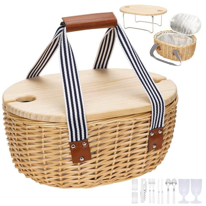 Picknickkorb für 4 - Weiden-Picknick-Set mit Weintisch | Weidenkorb-Set mit isolierter Kühltasche fü
