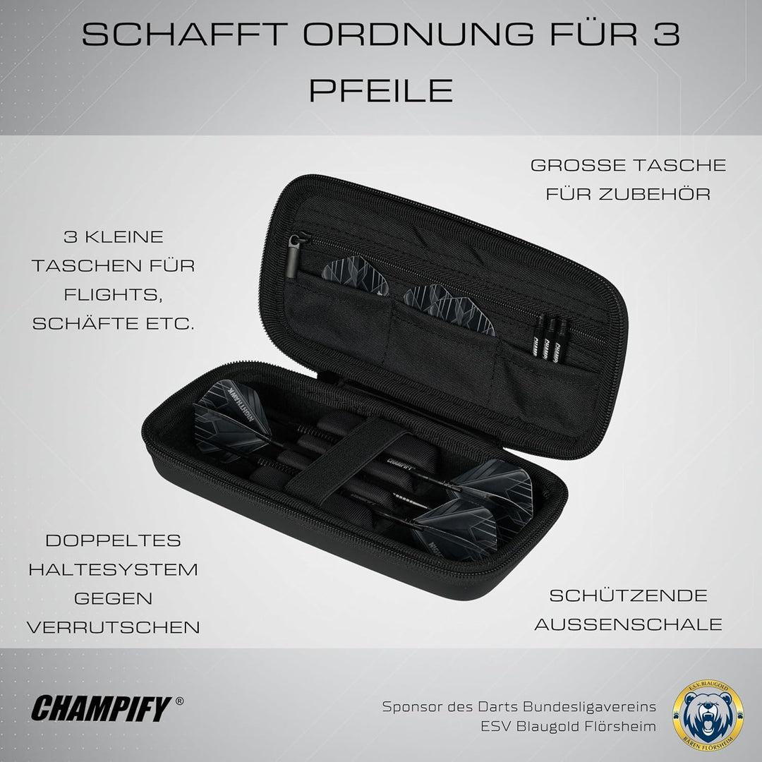 Champify® Darttasche schwarz mit Haltesystem gegen Verrutschen der Dartpfeile | Hard-Case zum Schutz