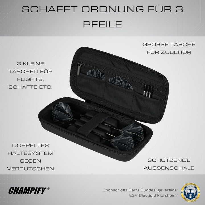 Champify® Darttasche schwarz mit Haltesystem gegen Verrutschen der Dartpfeile | Hard-Case zum Schutz