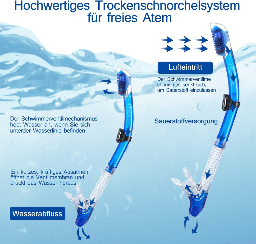 Supertrip Trocken Schnorchelset mit Anti-beschlag Taucherbrille Panorama Blickfeld gehärtete wasserd