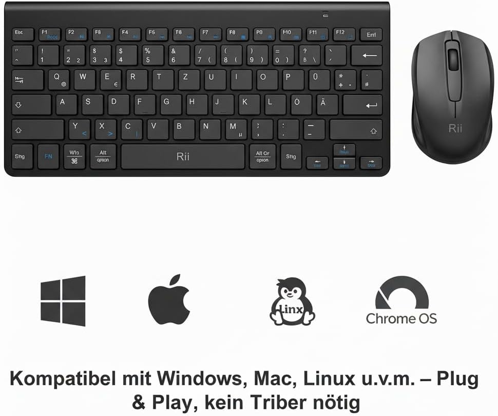 Rii Mini Tastatur Maus Set Kabellos, QWERTZ Deutsches Layout, 2,4GHz Empfänger, Superflaches Design