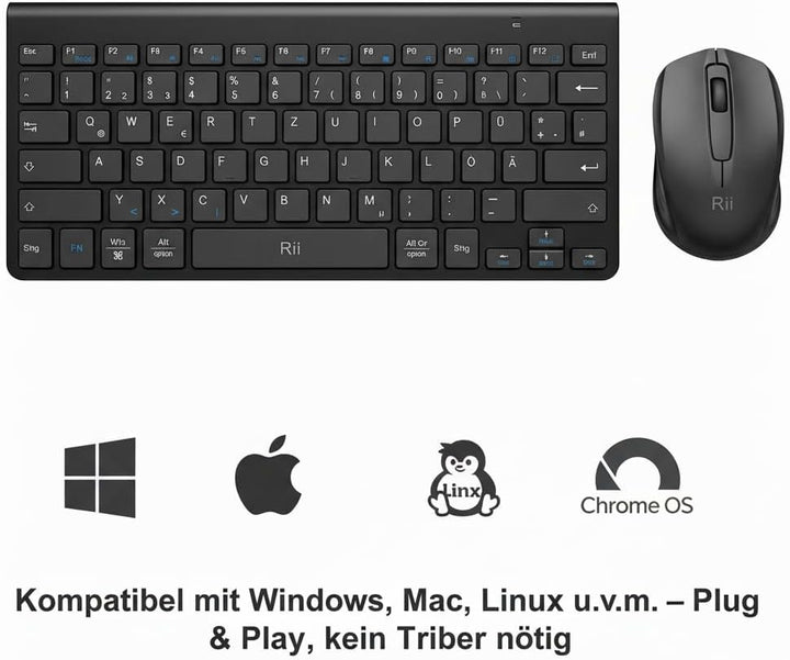 Rii Mini Tastatur Maus Set Kabellos, QWERTZ Deutsches Layout, 2,4GHz Empfänger, Superflaches Design