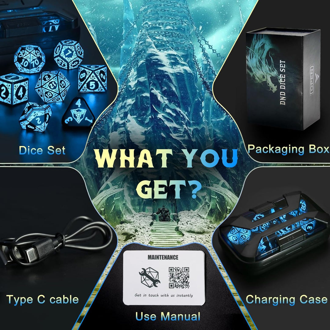ZHOORQI DND Würfel Set, 7 Pcs LED Dice Wiederaufladbar mit Ladebox, Dungeons and Dragons Würfelset P