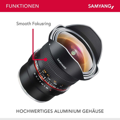 Samyang 7472 12/2,8 Objektiv Fisheye DSLR Sony E manueller Fokus Fotoobjektiv, Superweitwinkel schwa