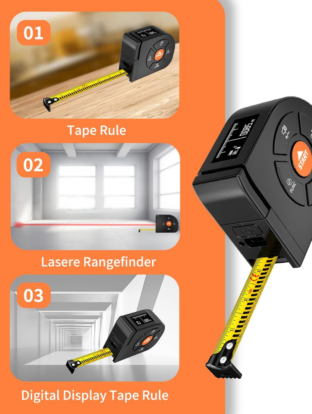 Laser Massband, 3 in 1 Laser Entfernungsmesser 196ft/60m Digitales Massband mit Laser, 16ft/5m Digit