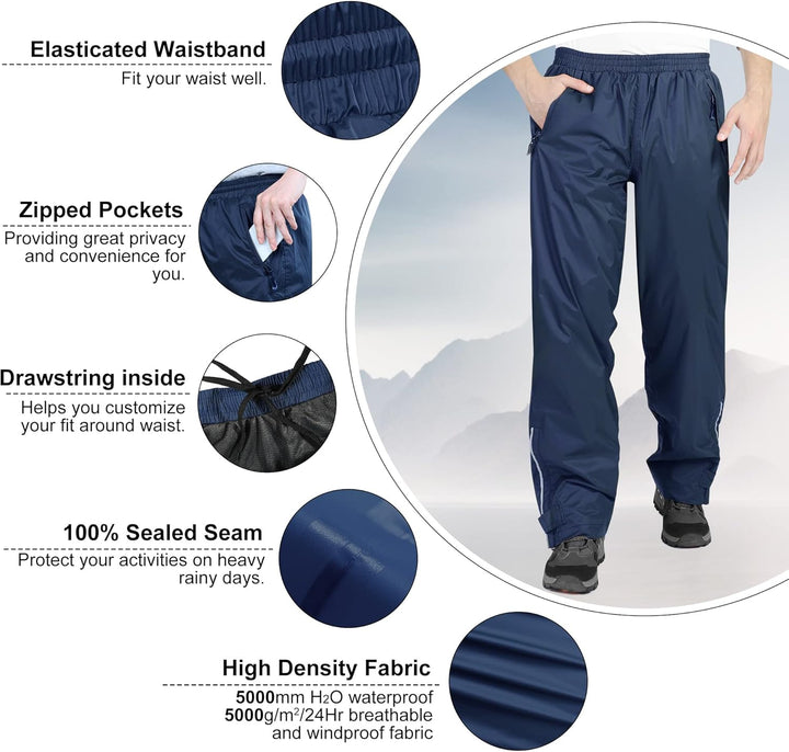 33,000ft wasserdichte Regenhose für Herren Leichte Regenhose Winddichte Outdoorhose zum Wandern Camp