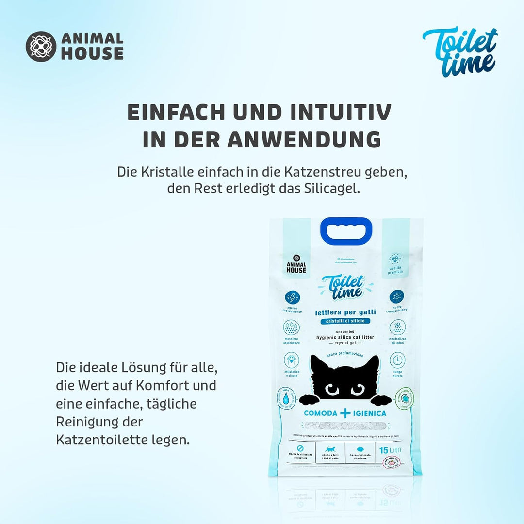 Animal House Toilet Time – Kristall-Silikonstreu für Katzen – antistatisch und sicher – staubfrei –