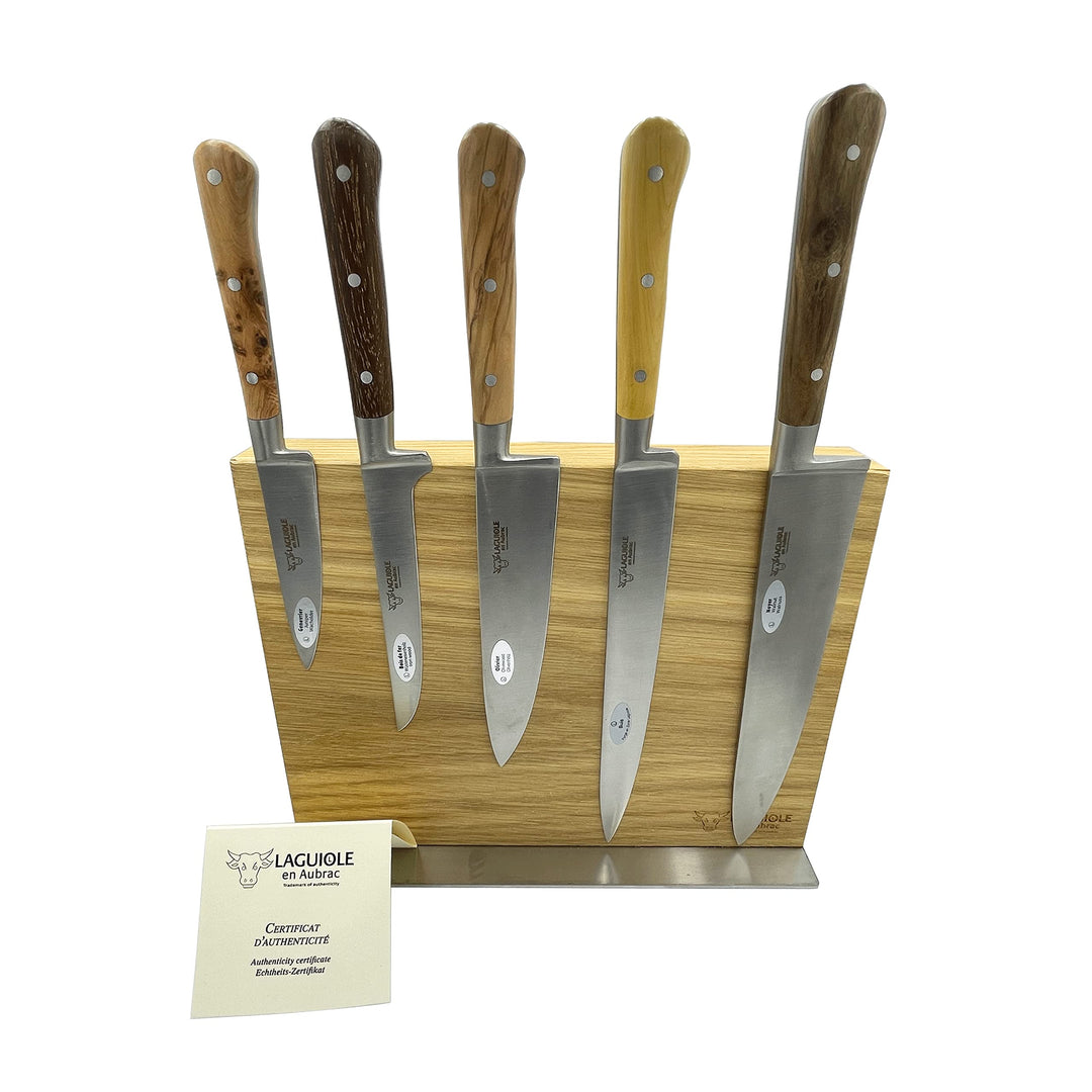 Laguiole en Aubrac - Messerblock aus Eiche - magnetisch - Kochmesser Set 5-teilig - Griff gemischte