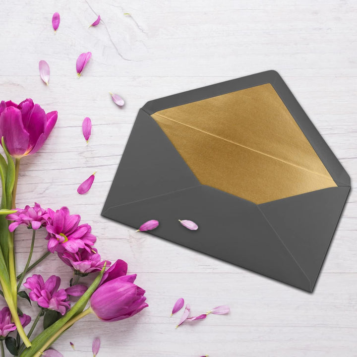100 Brief-Umschläge DIN Lang - Anthrazit-Grau mit Gold-Metallic Innen-Futter - 110 x 220 mm - Nasskl