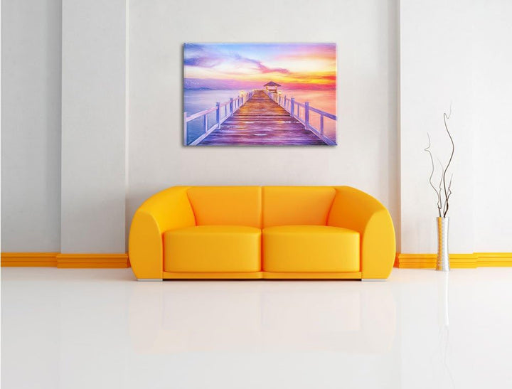 Pixxprint Steg ins Meer bei Sonnenuntergang als Leinwandbild/Grösse: 100x70 cm/Wandbild/Kunstdruck/f