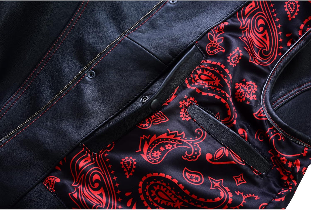 Leatherick Groove Club Herren-Motorradweste aus schwarzem Leder – Bikerweste 48 Schwarz (rote Rauten