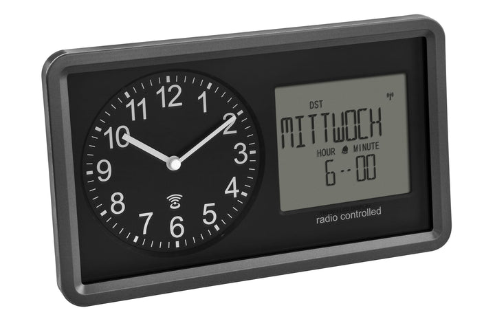 TFA Dostmann Analoge Funkuhr mit Kalender. 60.3552.01, Seniorenuhr, Weckalarm & Schlummerfunktion, D