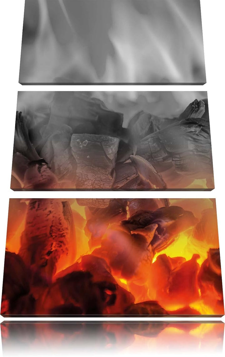 Pixxprint brennende Holzkohle in Kamin als Leinwandbild/Grösse: 3 Teilig (120x80 cm) cm/Wandbild/Kun