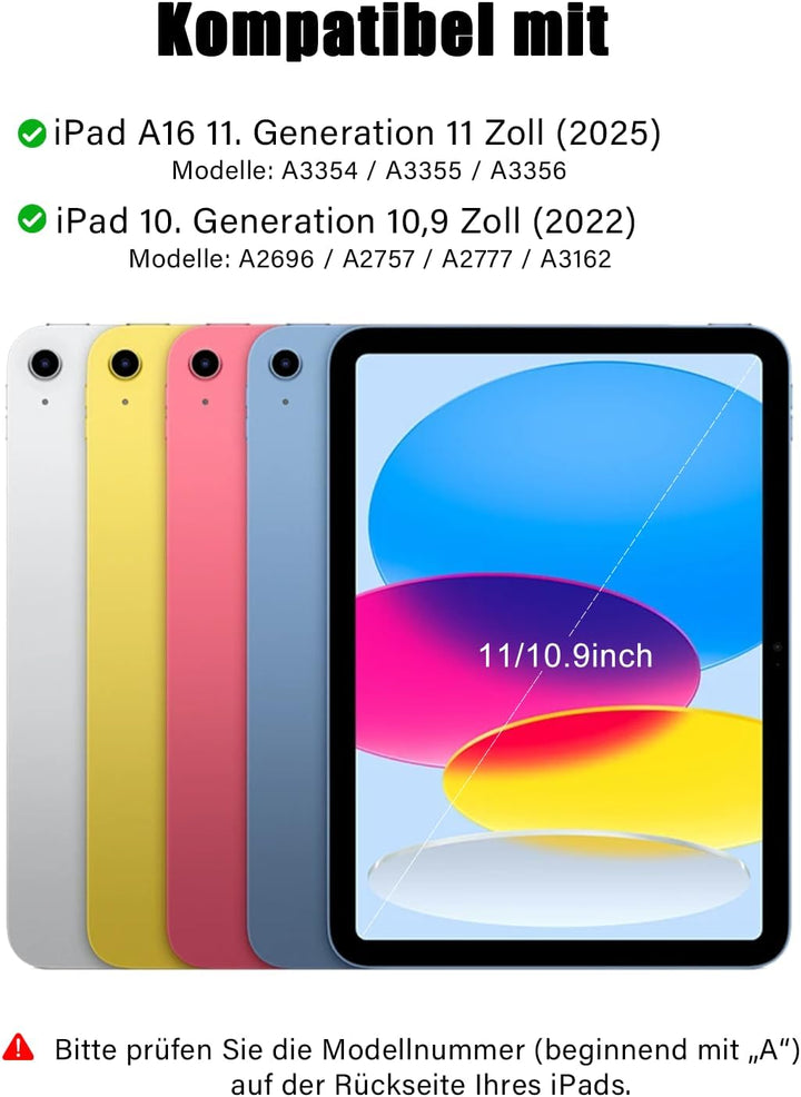 Hülle mit Tastatur für iPad A16 11/10 Generation (2025/2022,Schwarz | 7-Farben Beleuchtung Magnetisc