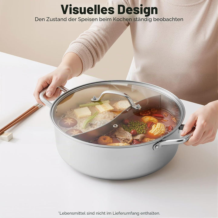 32cm Fonduetopf aus Edelstahl 304 Topf Chinesischer Fonduetopf mit Glasdeckel mit 2 Löffeln Geeignet
