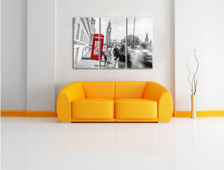 Pixxprint Typische Telefonzelle in London / 3-Teilig/Gesamtmass 120cm Leinwandbild bespannt auf Holz