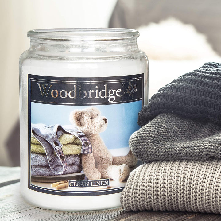 Woodbridge Grosse Duftkerze im Glas mit Deckel | Clean Linen | Duftkerze Frisch | Kerzen lange Brenn