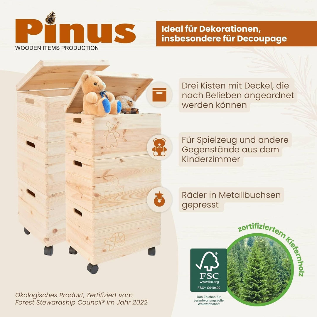PINUS - Spielzeugkiste Holz mit Deckel 3-in-1, Spielzeug Aufbewahrung Motiv, 39x30x74 cm, Aufbewahru