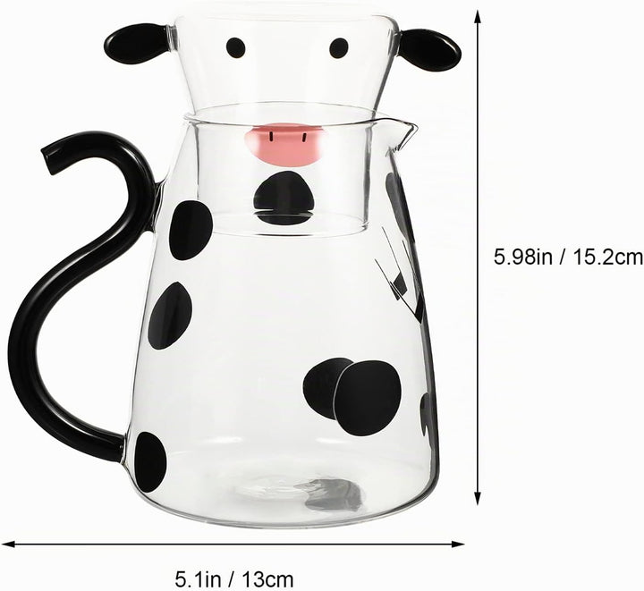BESTonZON Glaskrug mit Tasse Kuh Figur Glaskaraffe Glaskanne Wasserkrug Eistee Kanne Saftkrug Getr?n