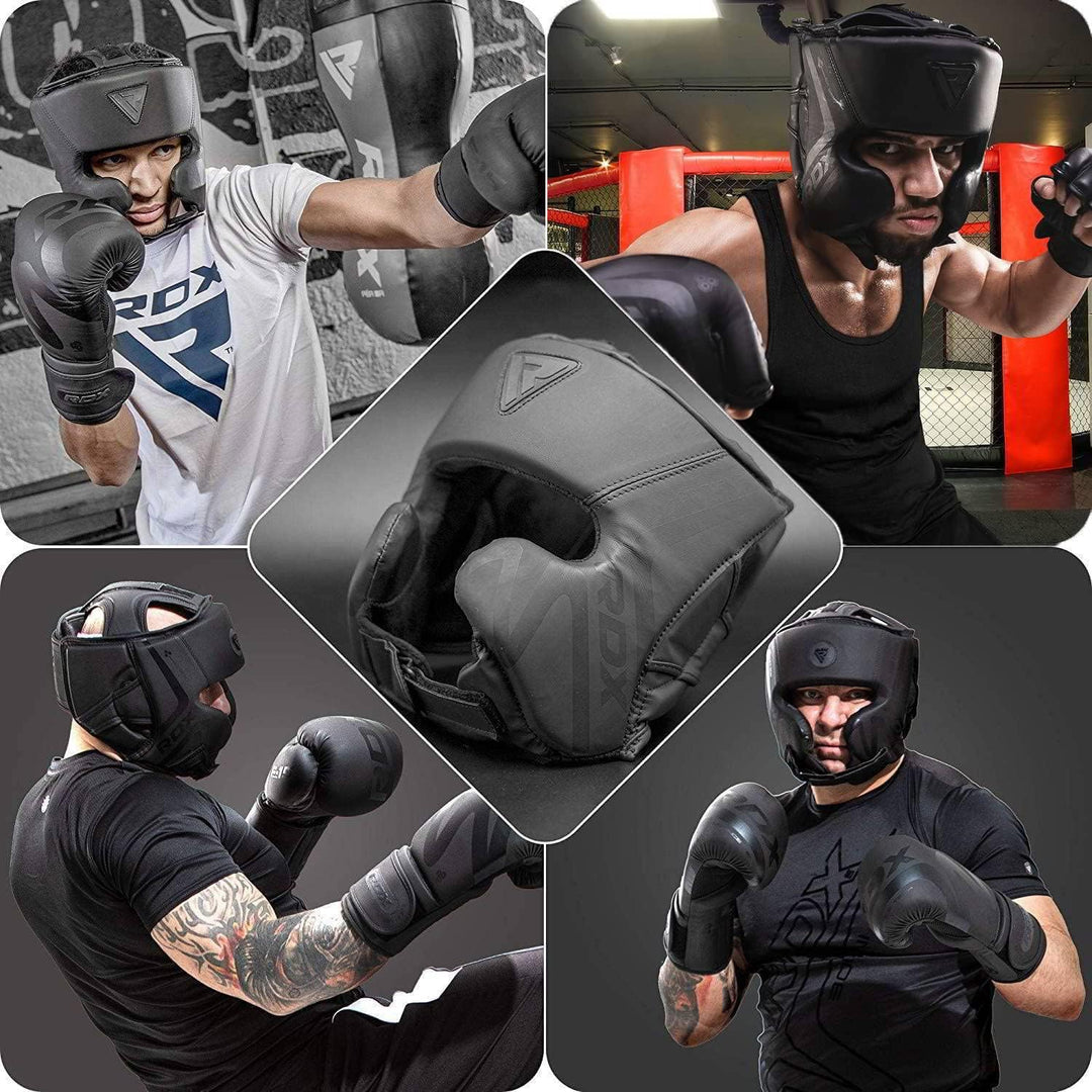 RDX NIOR Kopfschutz Boxen, Maya Hide Leder, Kickboxen MMA Kampfsport Schwarz Kopfschützer Thaiboxen