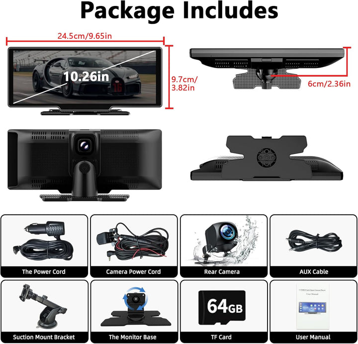 10,26 Zoll Apple Carplay Display &amp; Android Auto Display mit 4K Dashcam/Rückfahrkamera 1080P HD/Bluet
