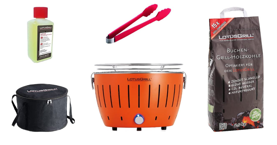 LotusGrill S Small Kompakt Starter-Set Mandarinenorange raucharme Holzkohlegrill mit 2,5 kg Buchenho