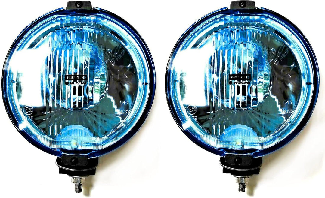 MelTruck® 2x Fernscheinwerfer H3 Halogen 24V Blau Rund E20 LED Ring Positionsleuchte mit Glühbirnen