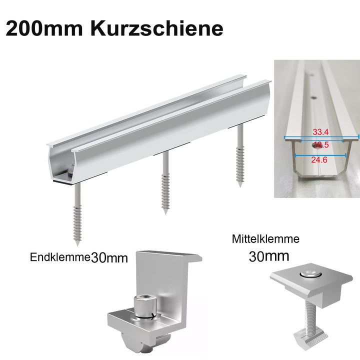 Solarmodul Alu Halterung Profil 200MM Schiene Mittelklemme Endklemme 30MM Befestigungs-Set für 8 x S