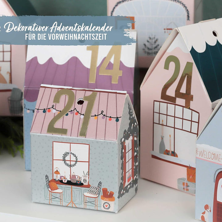 Papierdrachen DIY Adventskalender zum Basteln und Befüllen - Häuser Set - Weihnachtsdorf bunt - 24 b