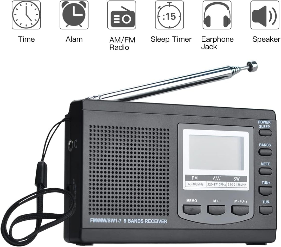 COVVY AM/FM / SW1-7 Tragbarer 9-Band-Radioempfänger mit Lautsprechern und Kopfhörern, ausgezeichnete