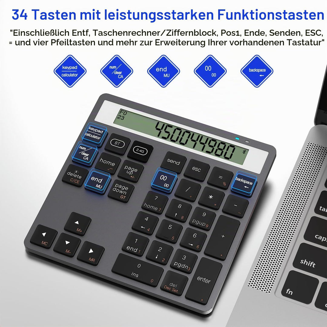 2-in-1 Ziffernblock mit Taschenrechner, 34 Leise Tasten Bluetooth 5.0&amp;2.4G Numpad für Windows/Mac/iO