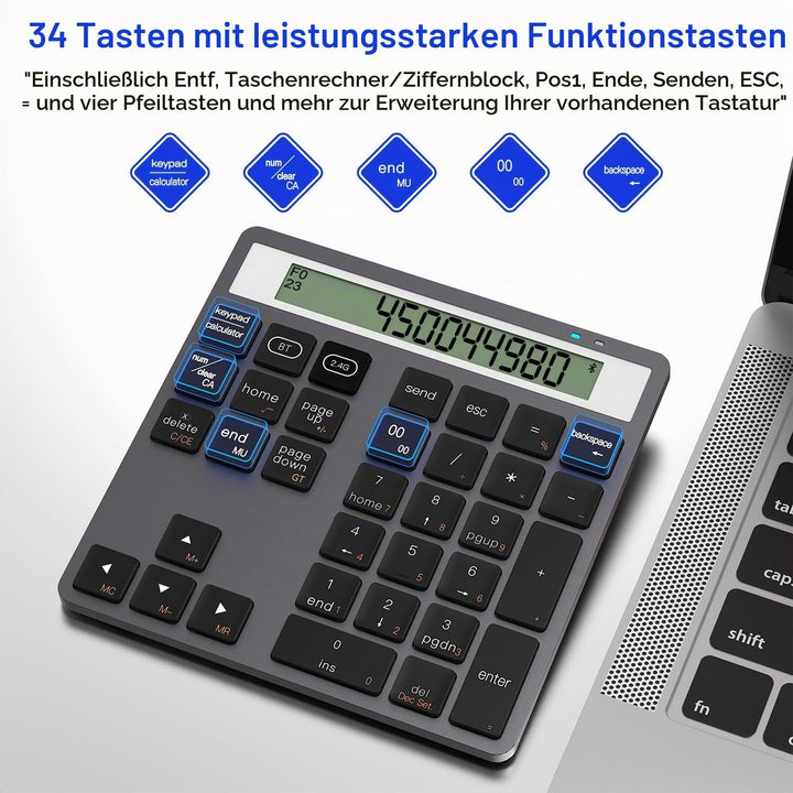 2-in-1 Ziffernblock mit Taschenrechner, 34 Leise Tasten Bluetooth 5.0&amp;2.4G Numpad für Windows/Mac/iO