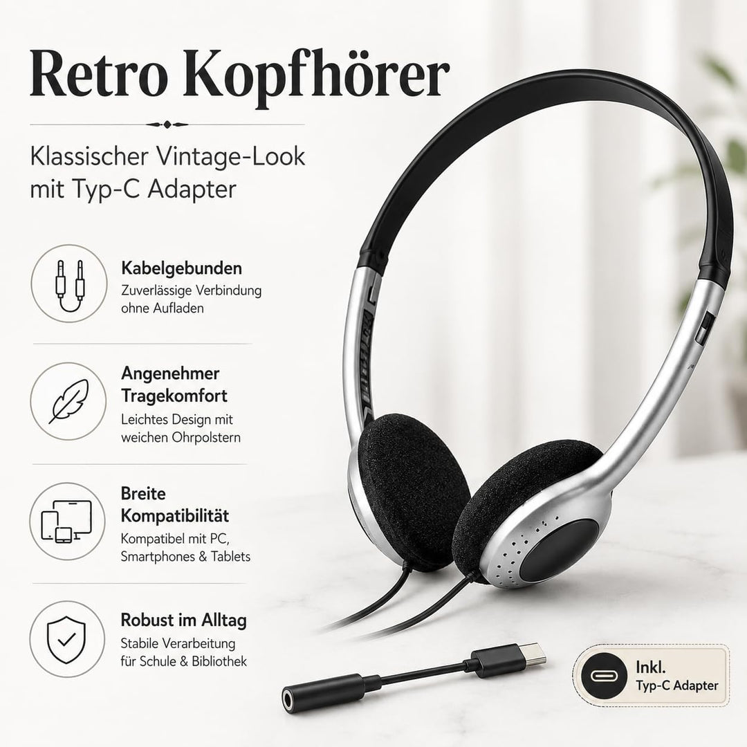 Stabile Retro Kopfhörer, Kabelgebunden, Silber Vintage Design, Kompatibel mit PC, Smartphones und Ta