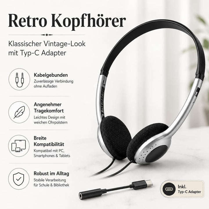 Stabile Retro Kopfhörer, Kabelgebunden, Silber Vintage Design, Kompatibel mit PC, Smartphones und Ta