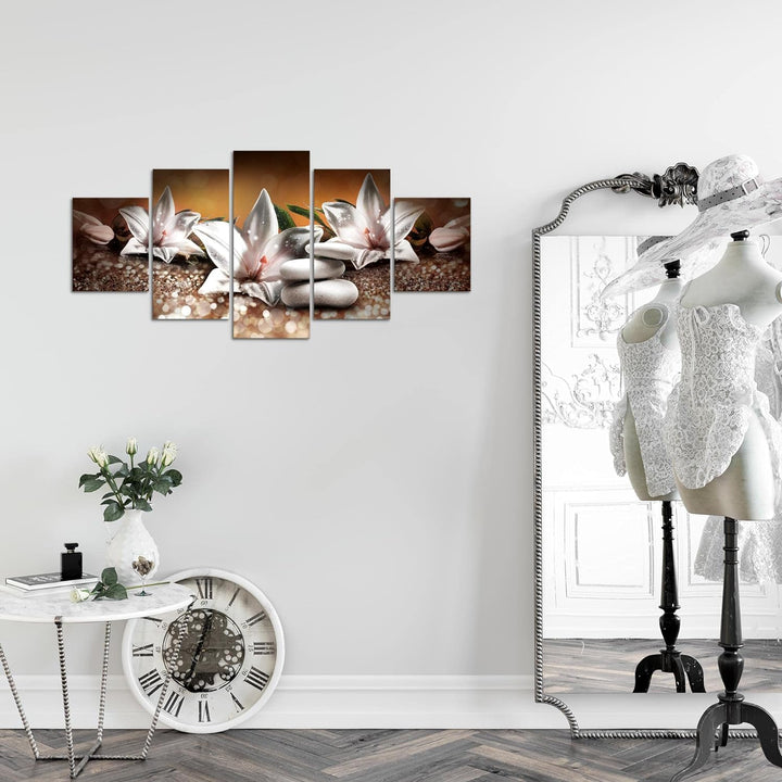 Runa Art Wandbilder Blumen Lilien 5 Teilig Bild auf Vlies Leinwand Deko Wohnzimmer Abstrakt Beige Br