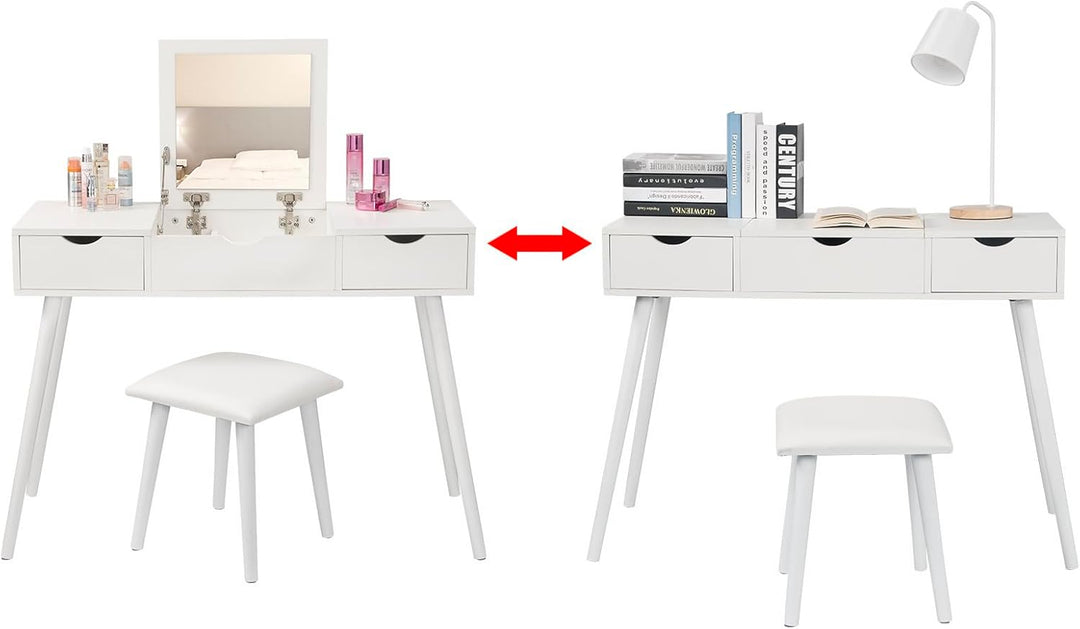 EUGAD Schminktisch mit Spiegel und Hocker, Frisiertisch mit Aufklappbarem Spiegel, 100x40x75cm, Schr