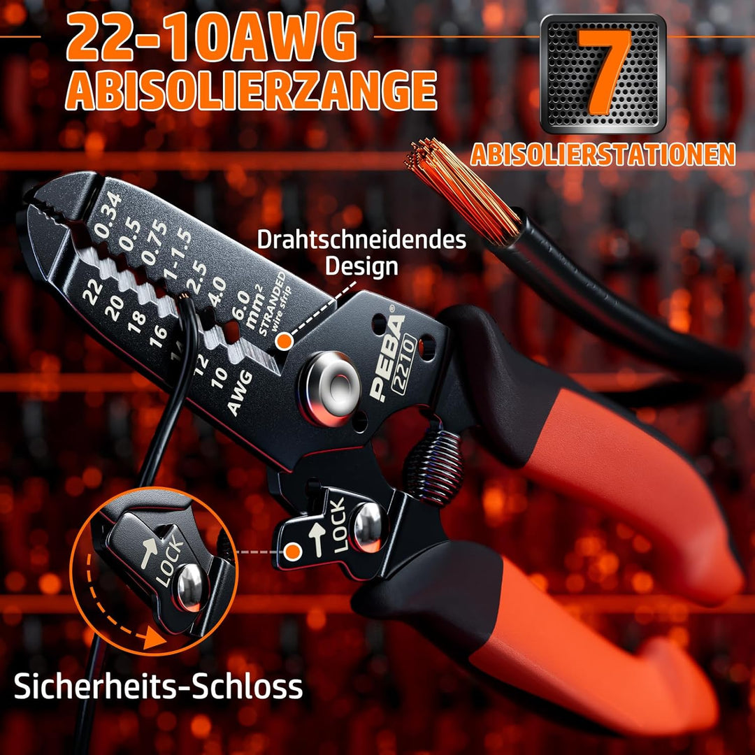 PEBA Crimpzange Aderendhülsen Set, Zange [0,25– 10mm2] mit 24 Stile Aderendhülsen+Abisolierzange, Se