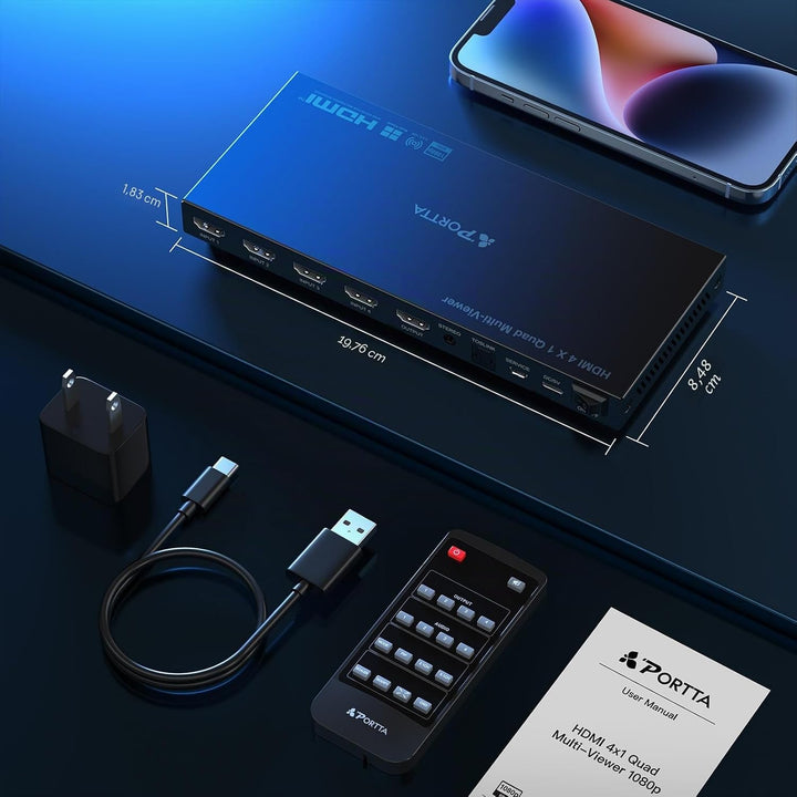 HDMI Multiviewer Switch 4x1 mit Pip, PORTTA Quad Multi Viewer Seamless Switcher 4 in 1 Out mit Tosli