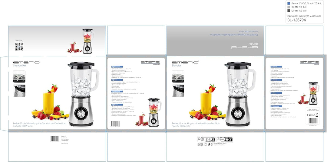 EMERIO Standmixer | 1.75L Glasbehälter | 1000 Watt Power | Crush Ice Funktion | 5 Geschwindigkeiten