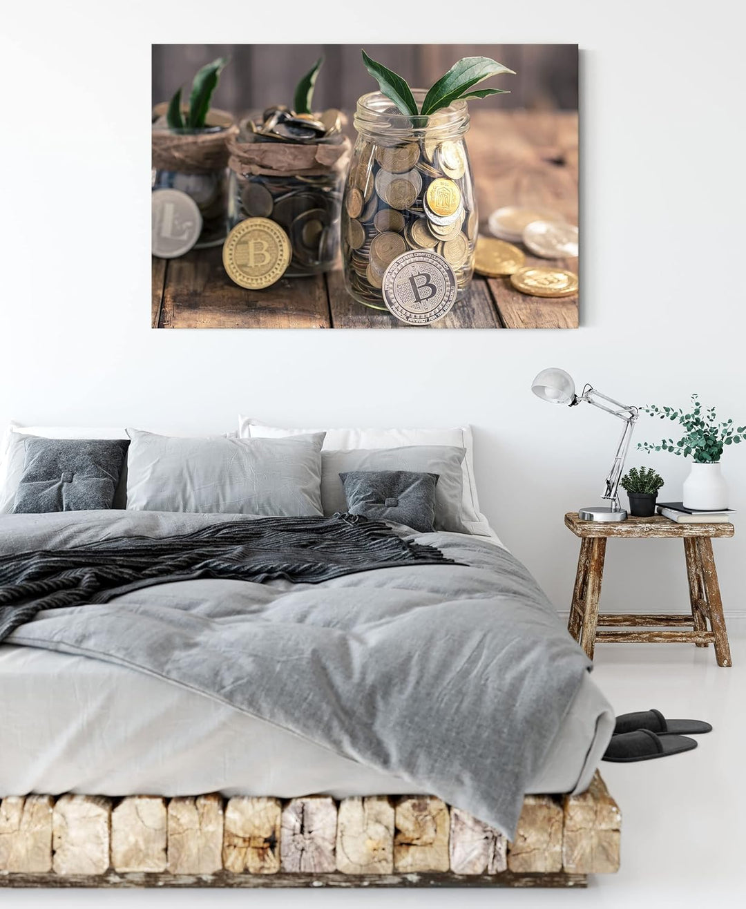 Pixxprint Bitcoins BTC im Glas als Leinwandbild | Grösse: 120x80 cm | Wandbild | Kunstdruck | fertig