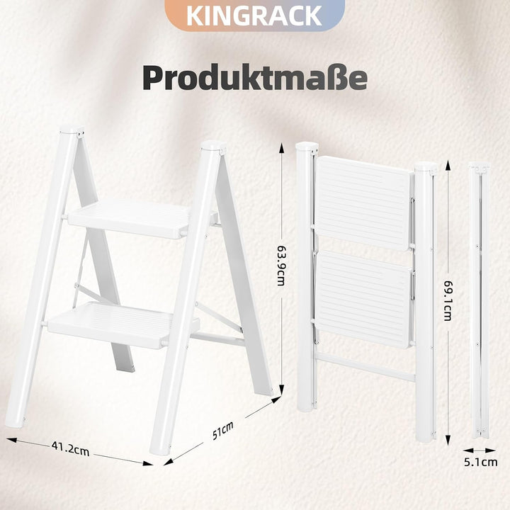 KINGRACK Trittleiter 2 Stufen Klappbar, Tritthocker Leicht Platzsparend | Klapptritt mit Rutschfeste