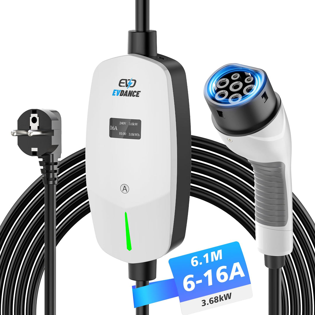 EVDANCE Ladekabel Typ 2 Schuko 6.1m 3.68KW Tragbares Ladegerät mit OLED Bildschirm 6-16A für PHEV/EV