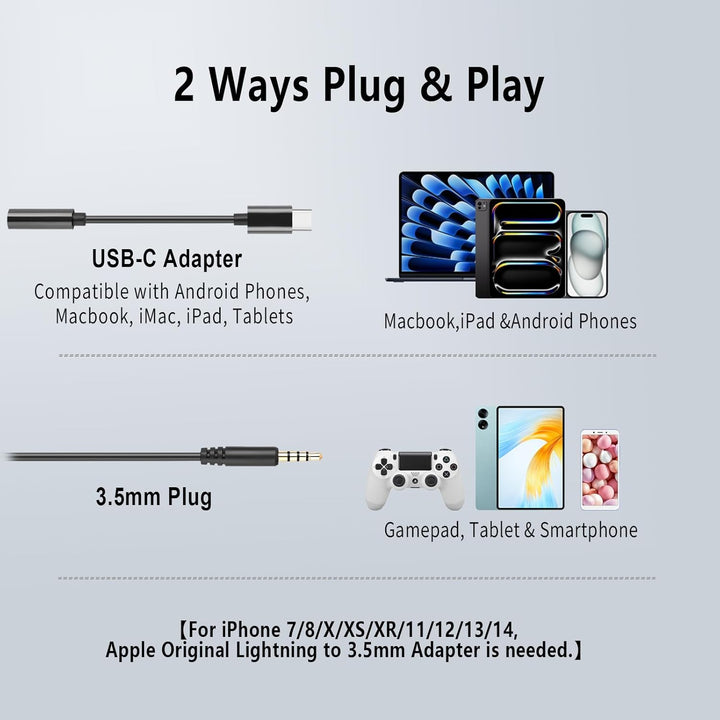 3,5 mm Kopfhörer mit Mikrofon für Laptop, USB-C/3,5 mm Jack 2-in-1 PC Headset, Kabelgebundenes Noise