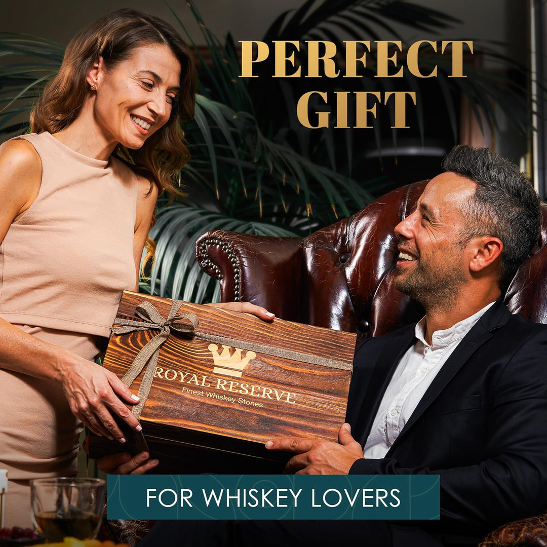 Whisky Geschenkset – Whiskey Gläser, Karaffe, Steine, Eiszange, Untersetzer, Holzkiste, Samtbeutel,