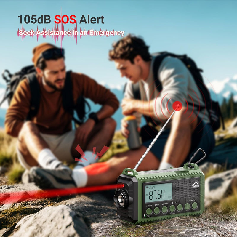 AM/FM/SW Kurbelradio mit 12000mAh Akku Wiederaufladbare, Tragbare Camping Radio mit Taschenlampe & L